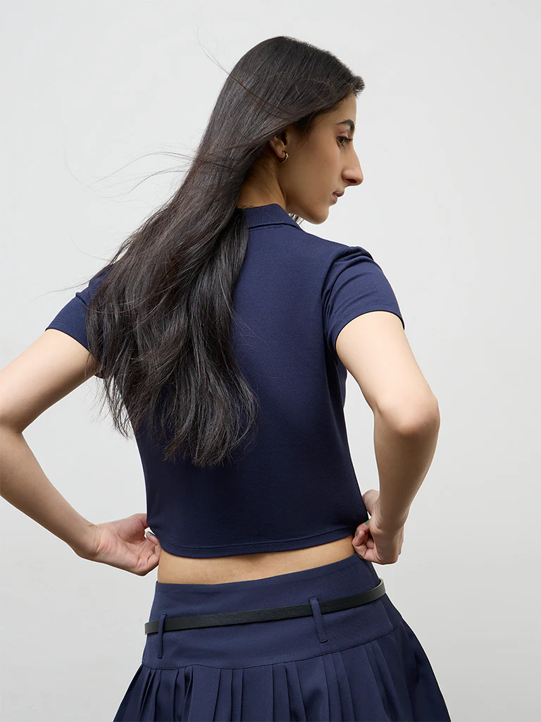 Nuon Navy Embroidered Cotton-Blend Polo T-Shirt - Image 4