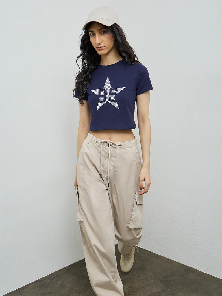 Nuon Navy Graphic Cotton-Blend T-Shirt