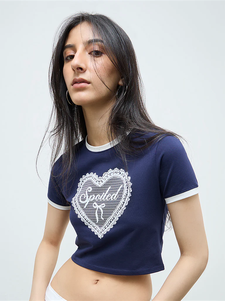 Nuon Navy Heart Printed Cotton-Blend T-Shirt - Image 2