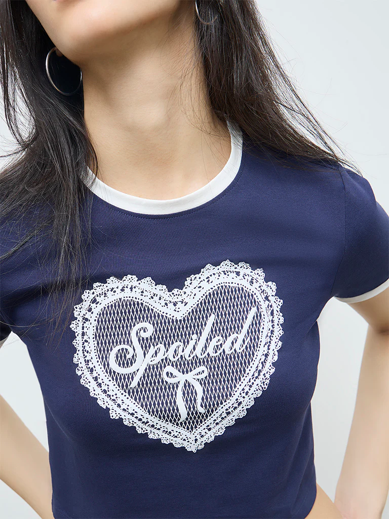 Nuon Navy Heart Printed Cotton-Blend T-Shirt - Image 3