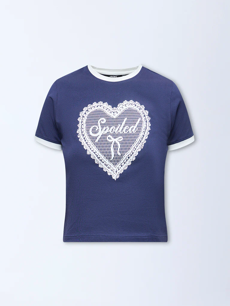 Nuon Navy Heart Printed Cotton-Blend T-Shirt - Image 5