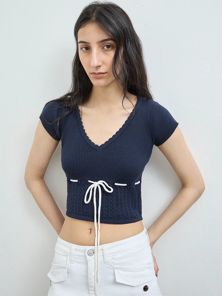 Nuon Navy Knit-Textured Top