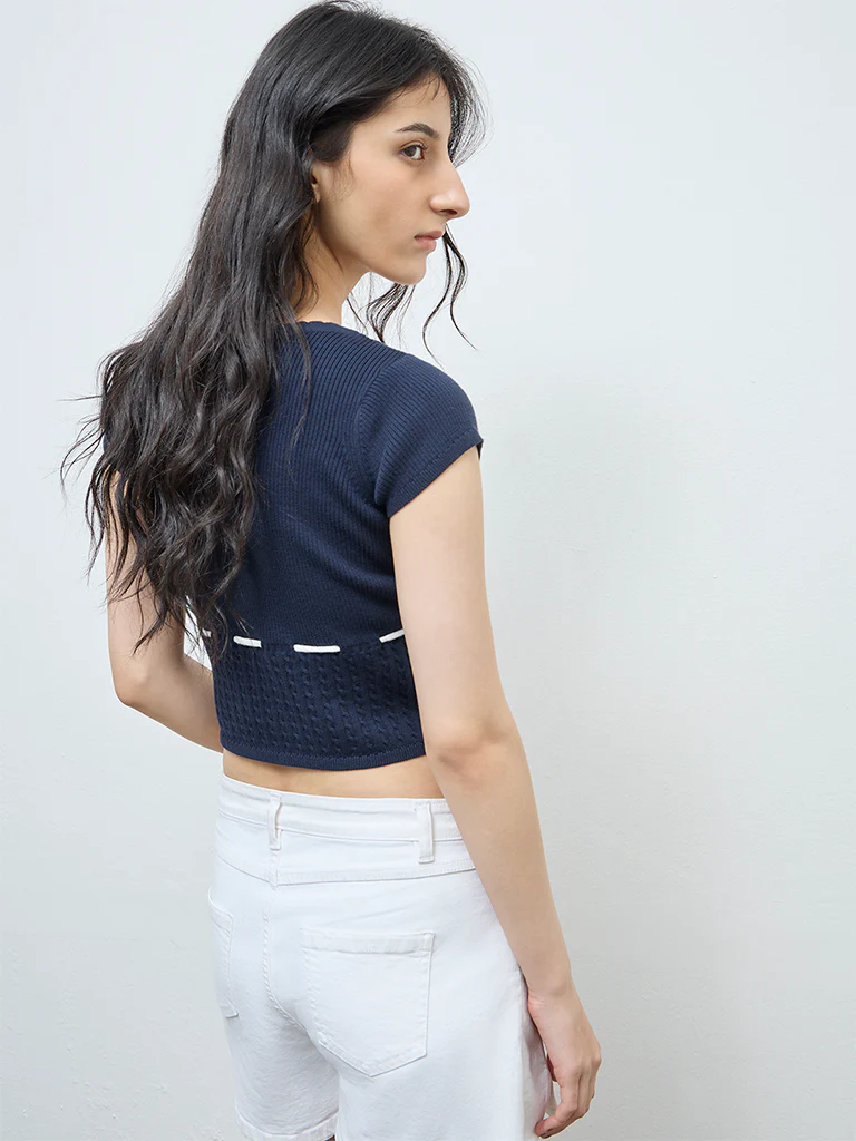 Nuon Navy Knit-Textured Top - Image 4
