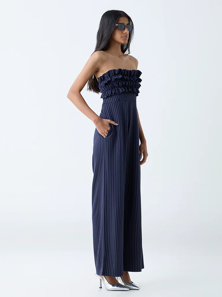 Nuon Navy Pinstripe Detailed Jumpsuit - Image 2