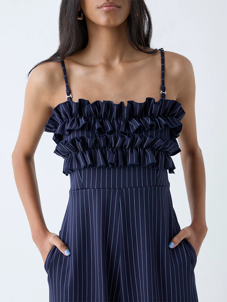 Nuon Navy Pinstripe Detailed Jumpsuit - Image 3