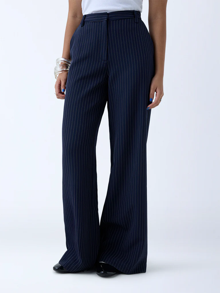 Nuon Navy Pinstripe High-Rise Trousers - Image 2