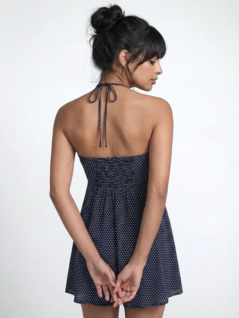 Nuon Navy Polka Dot Halter-Neck A-Line Dress - Image 3