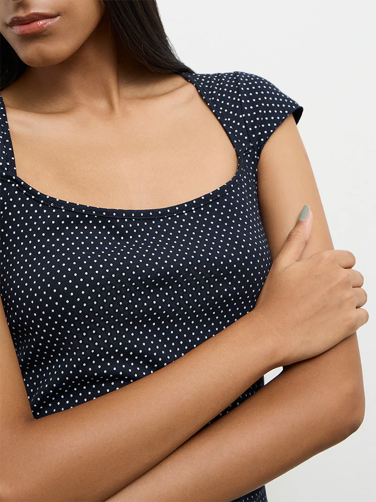 Nuon Navy Polka-Dot Printed Cotton-Blend Top - Image 3