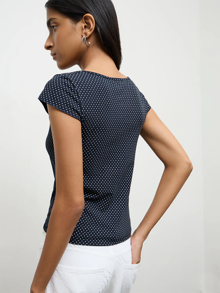 Nuon Navy Polka-Dot Printed Cotton-Blend Top - Image 4