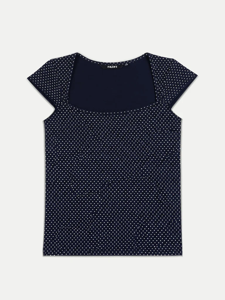 Nuon Navy Polka-Dot Printed Cotton-Blend Top - Image 5