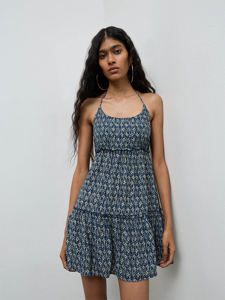 Nuon Navy Printed A-Line Dress