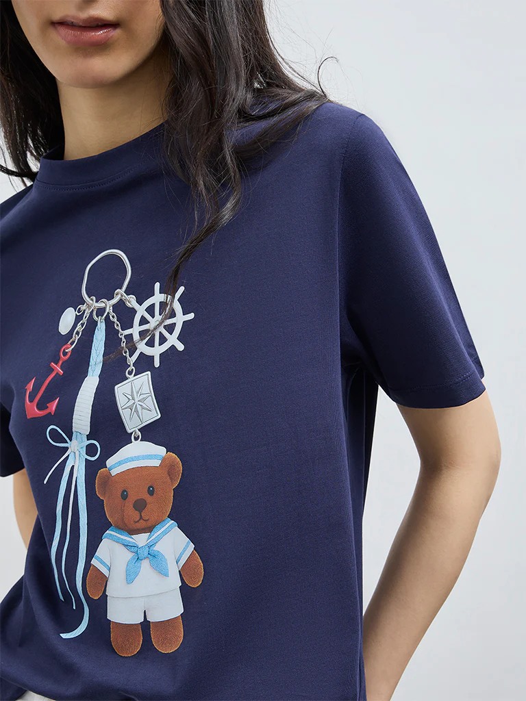 Nuon Navy Printed Cotton T-Shirt - Image 3