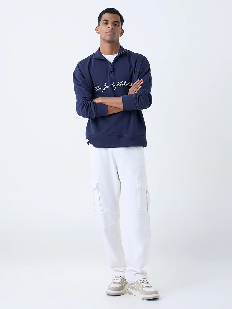 Nuon Navy Relaxed-Fit Cotton-Blend Quarter-Zip Sweatshirt - Image 2