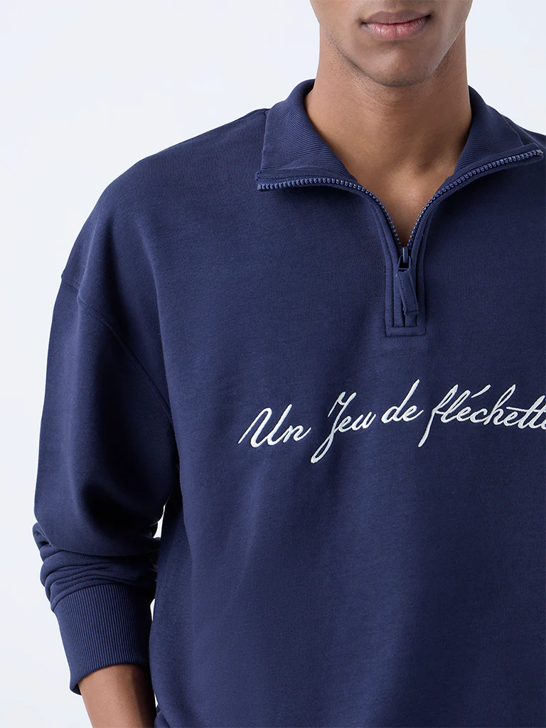 Nuon Navy Relaxed-Fit Cotton-Blend Quarter-Zip Sweatshirt - Image 3