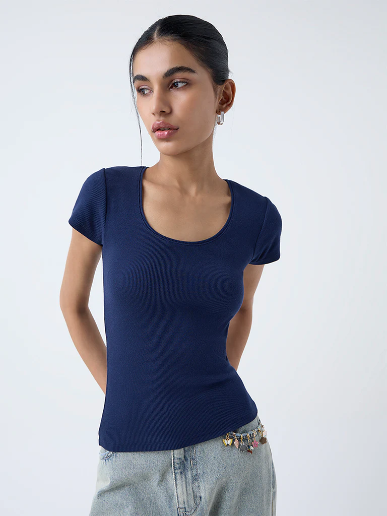 Nuon Navy Ribbed Cotton-Blend T-Shirt - Image 2