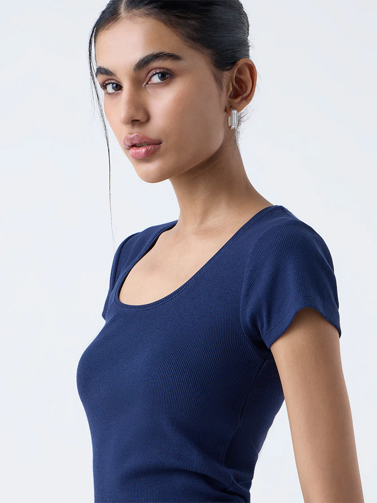 Nuon Navy Ribbed Cotton-Blend T-Shirt - Image 3