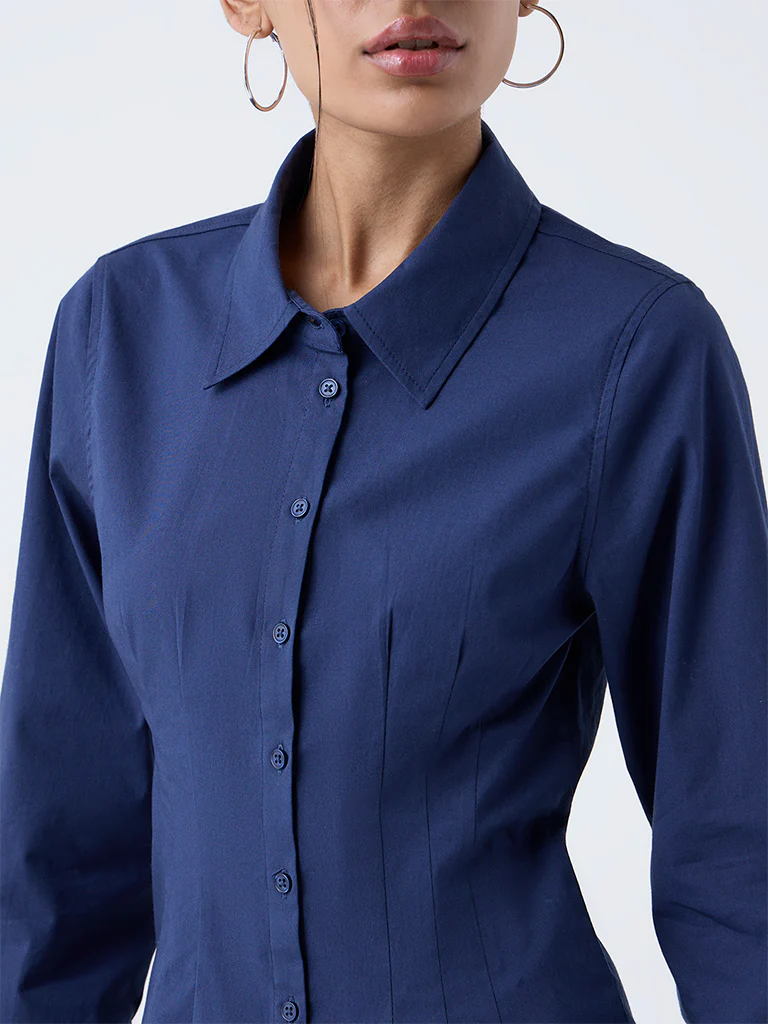 Nuon Navy Solid Cotton-Blend Shirt - Image 3