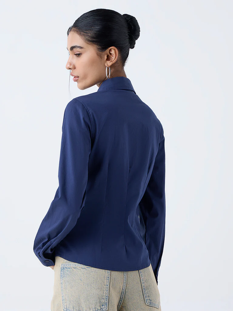 Nuon Navy Solid Cotton-Blend Shirt - Image 4