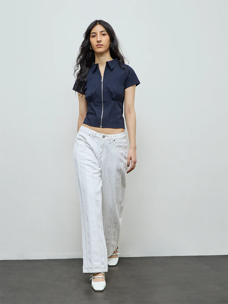 Nuon Navy Solid Cotton Top