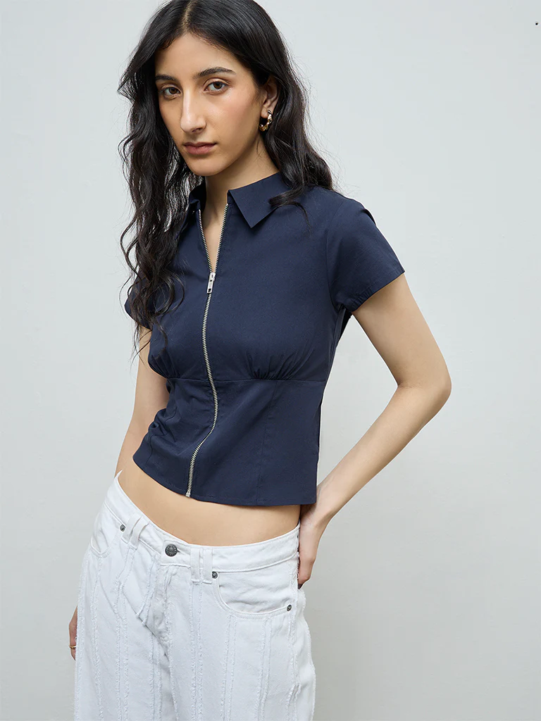 Nuon Navy Solid Cotton Top - Image 2