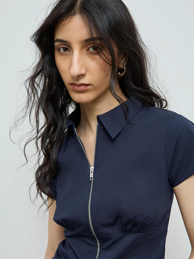 Nuon Navy Solid Cotton Top - Image 3