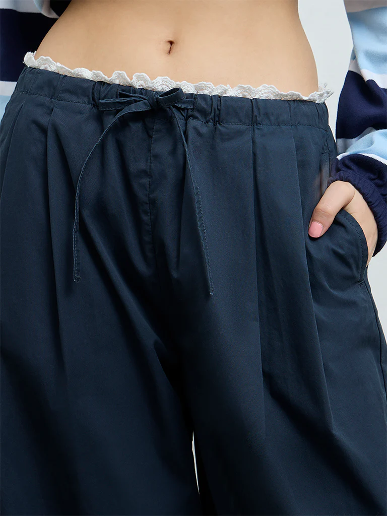 Nuon Navy Solid High-Rise Cotton Pants - Image 3