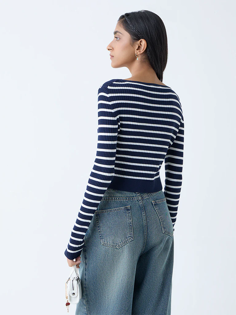 Nuon Navy Stripe Patterned Top - Image 4