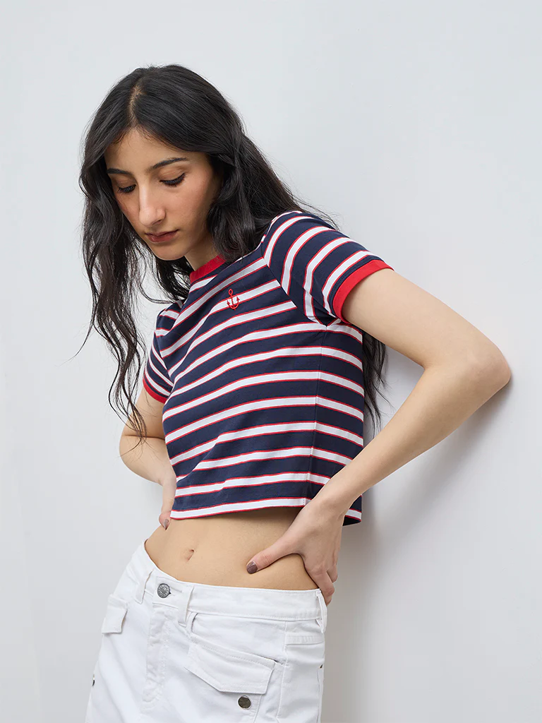 Nuon Navy Stripe Printed Cotton-Blend T-Shirt - Image 2