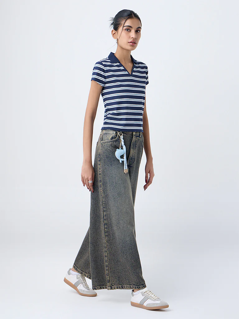 Nuon Navy Striped Cotton-Blend T-Shirt