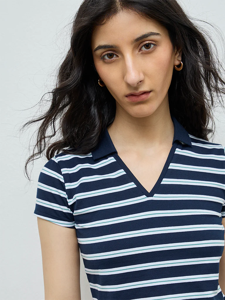 Nuon Navy Striped Cotton-Blend T-Shirt - Image 3