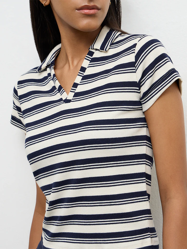 Nuon Navy Striped Cotton-Blend T-Shirt - Image 3