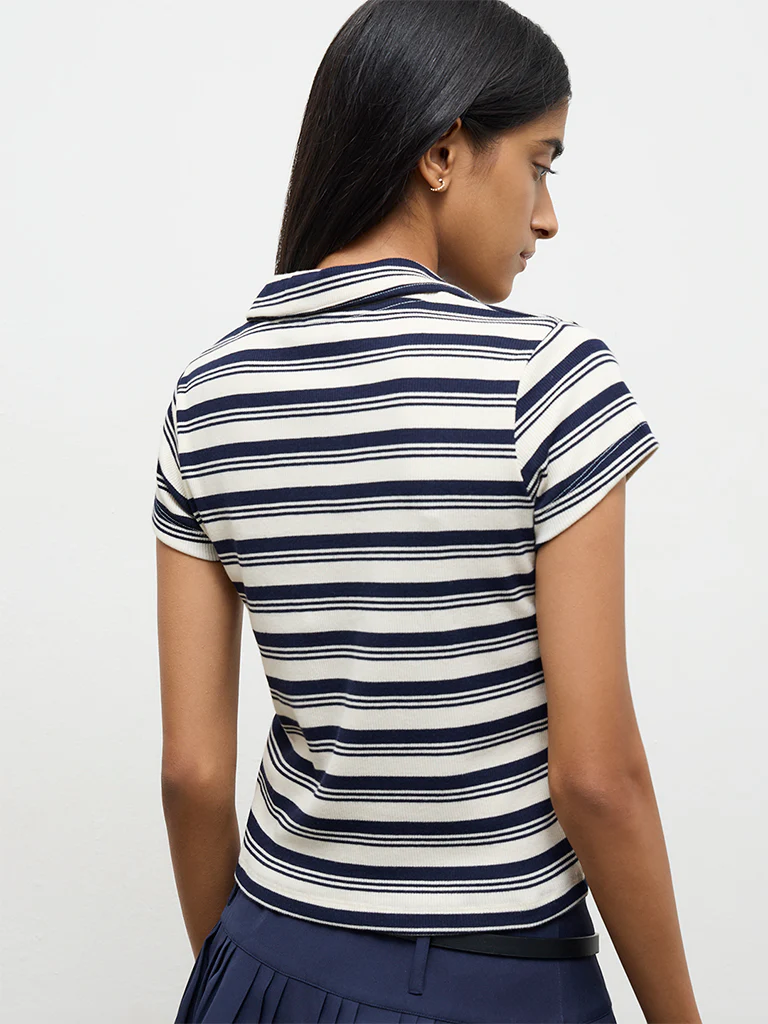 Nuon Navy Striped Cotton-Blend T-Shirt - Image 4