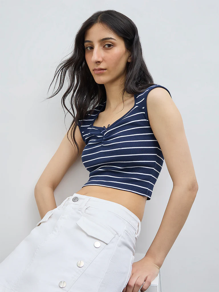 Nuon Navy Striped Cotton-Blend Top - Image 2