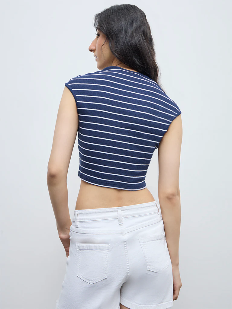 Nuon Navy Striped Cotton-Blend Top - Image 4