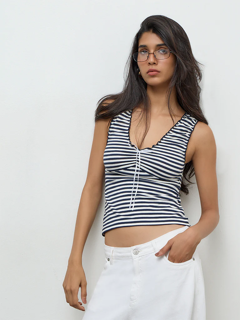 Nuon Navy Striped Cotton-Blend Top - Image 2