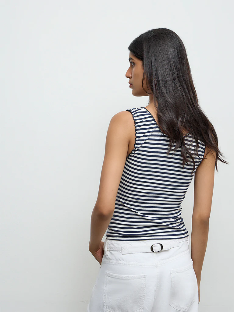 Nuon Navy Striped Cotton-Blend Top - Image 4
