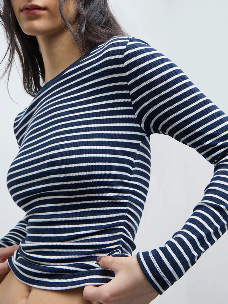 Nuon Navy Striped Pattern Cotton-Blend Top - Image 3