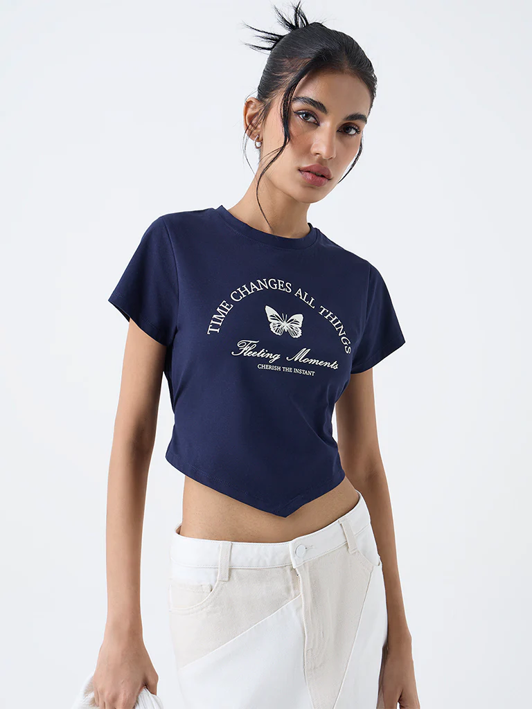 Nuon Navy Text-Design Cotton-Blend T-Shirt - Image 2