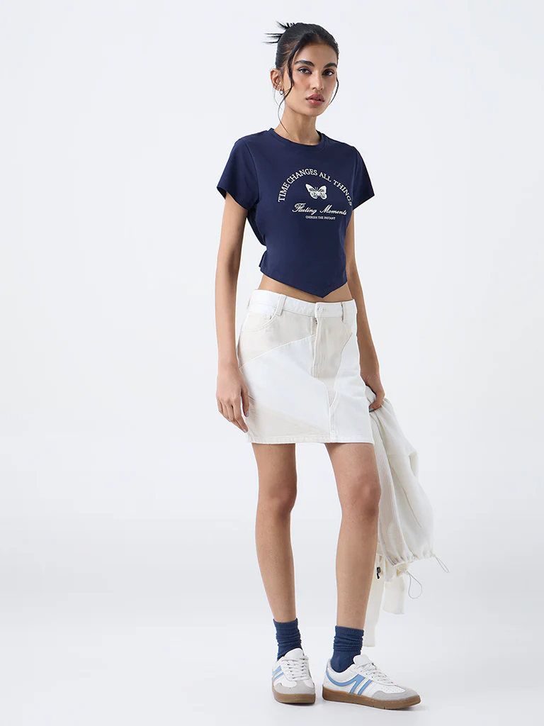 Nuon Navy Text-Design Cotton-Blend T-Shirt - Image 3