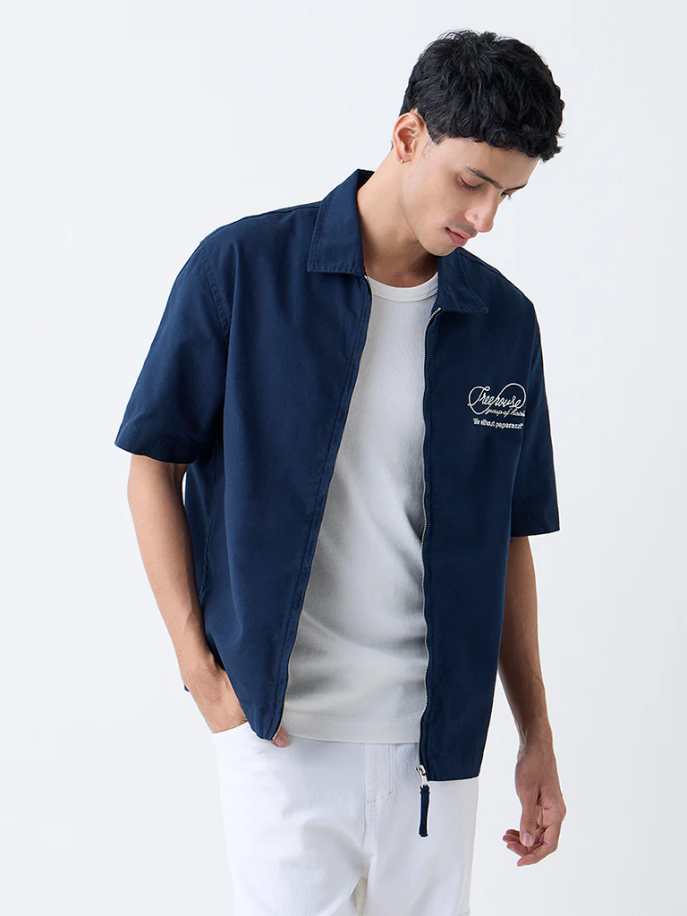 Nuon Navy Text Embroidered Relaxed-Fit Cotton Jacket - Image 2