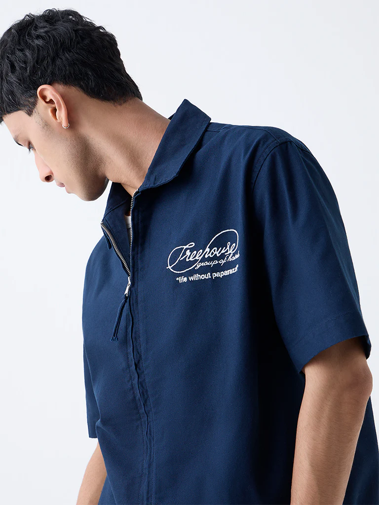 Nuon Navy Text Embroidered Relaxed-Fit Cotton Jacket - Image 3