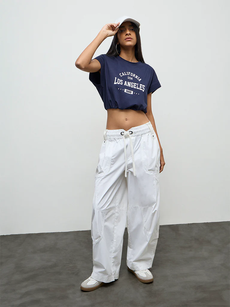 Nuon Navy Text-Printed Cotton-Blend T-Shirt