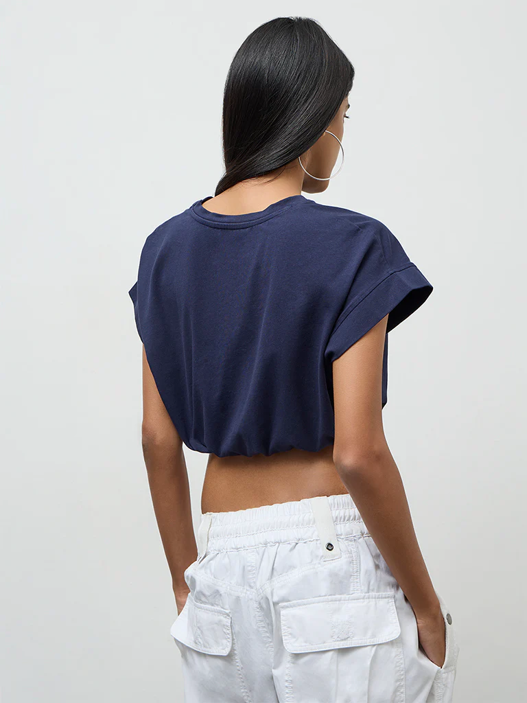 Nuon Navy Text-Printed Cotton-Blend T-Shirt - Image 4