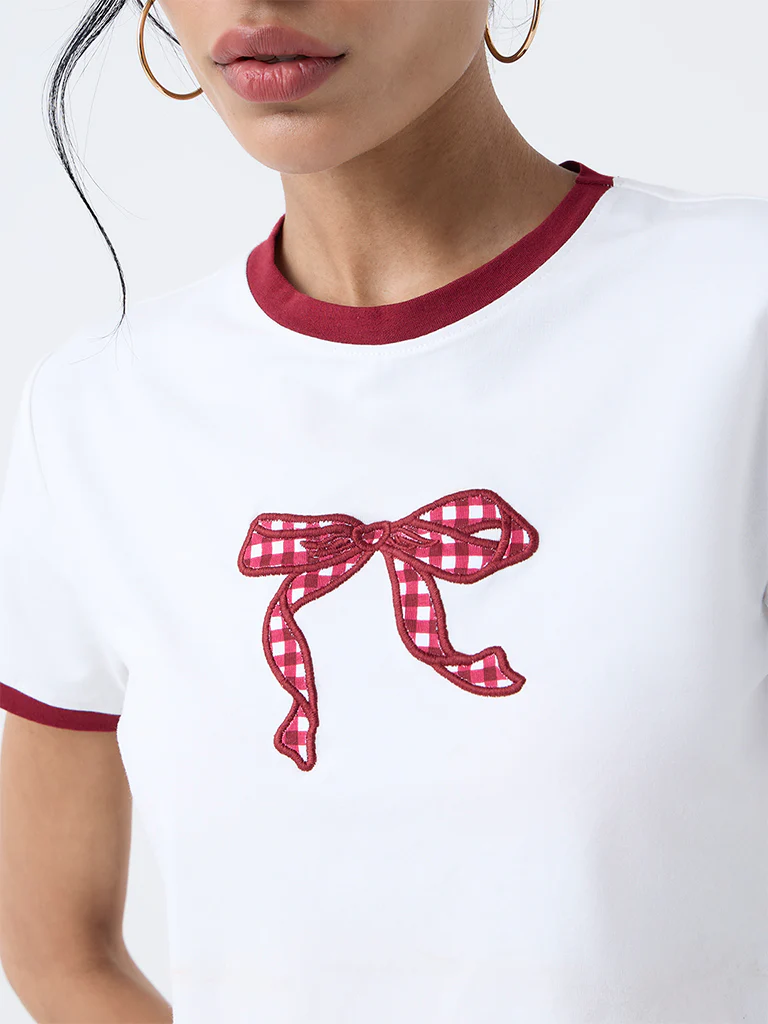 Nuon Off-White Bow Printed Cotton-Blend T-Shirt - Image 3