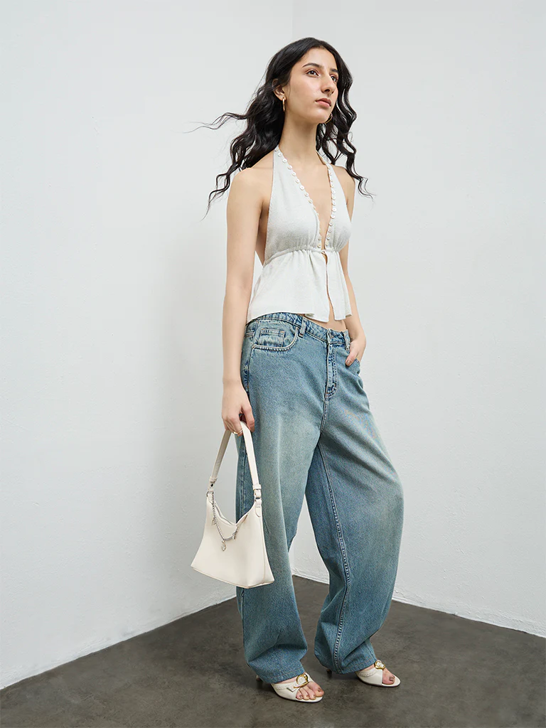 Nuon Off-White Button-Detailed Shimmer Top - Image 2