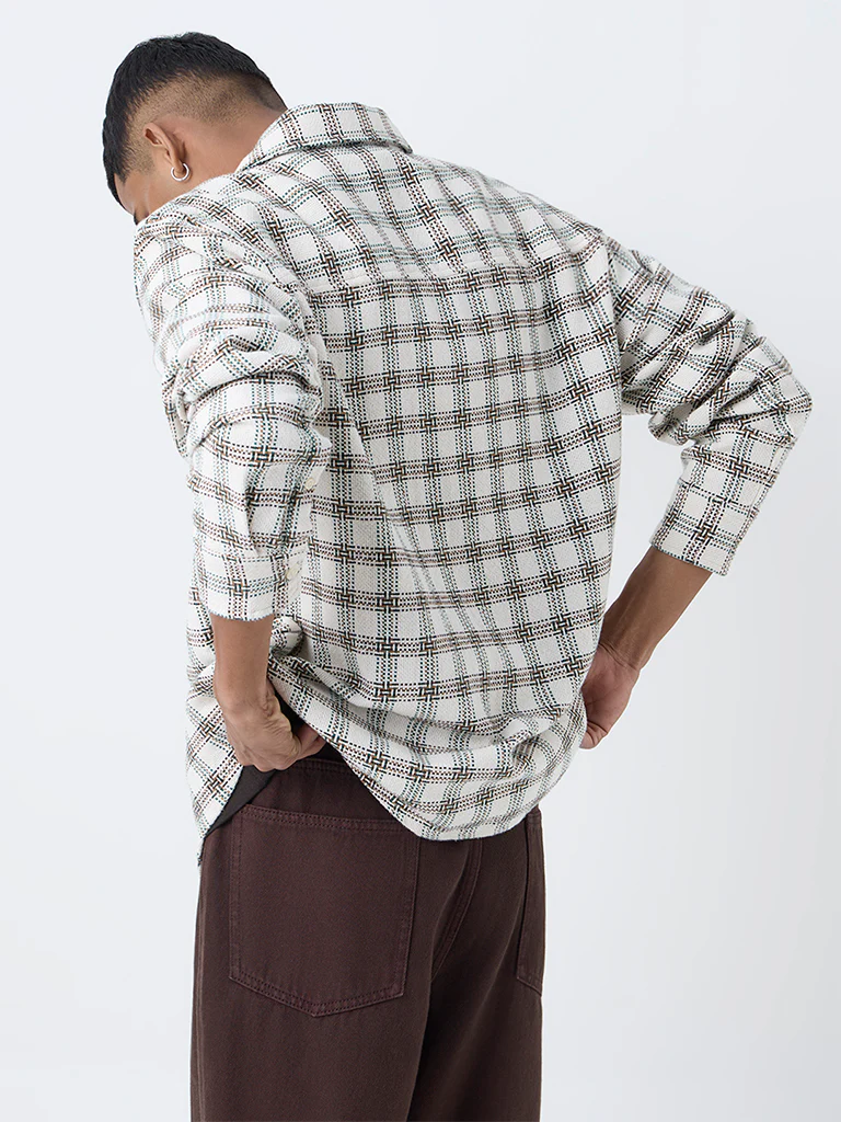 Nuon Off-White Check Design Relaxed-Fit Cotton Shirt - Image 4