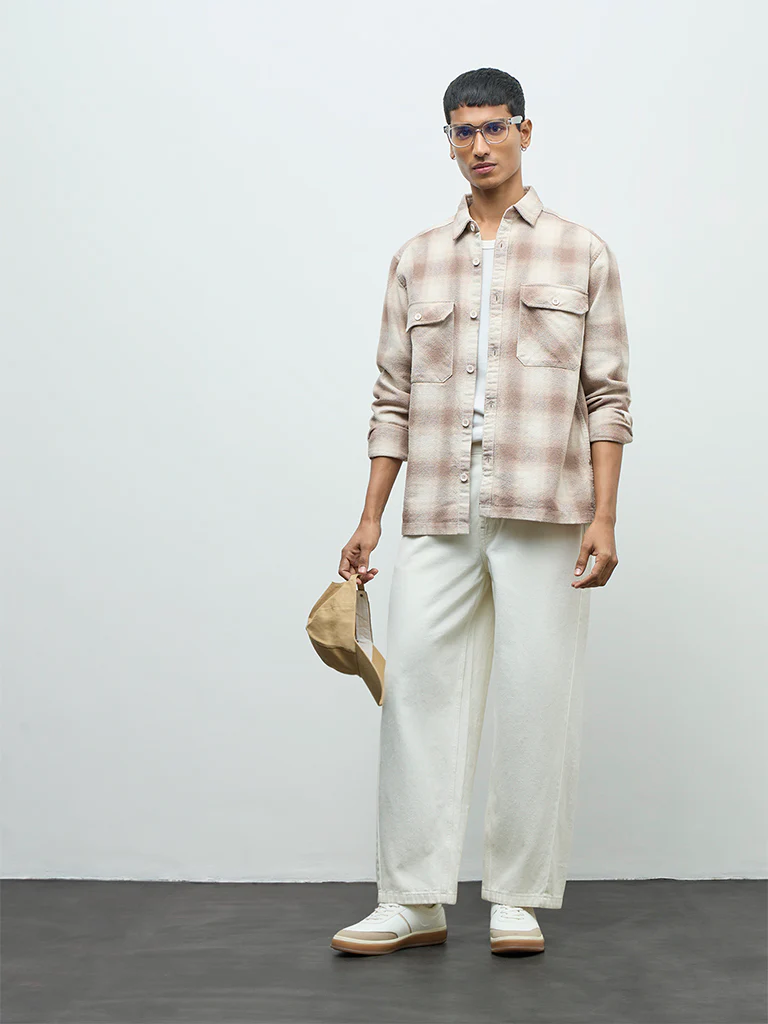 Nuon Off-White Checks Printed Relaxed-Fit Cotton Shirt - Image 2
