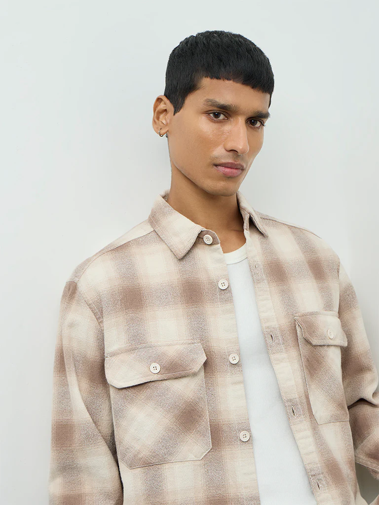Nuon Off-White Checks Printed Relaxed-Fit Cotton Shirt - Image 3
