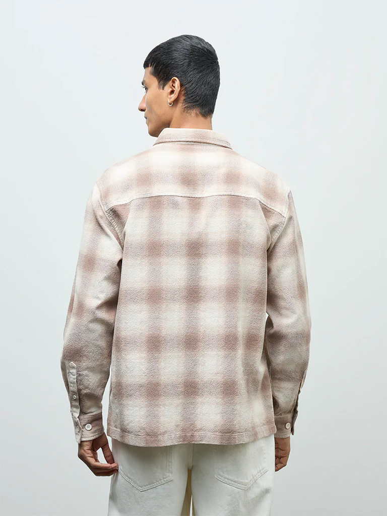 Nuon Off-White Checks Printed Relaxed-Fit Cotton Shirt - Image 4