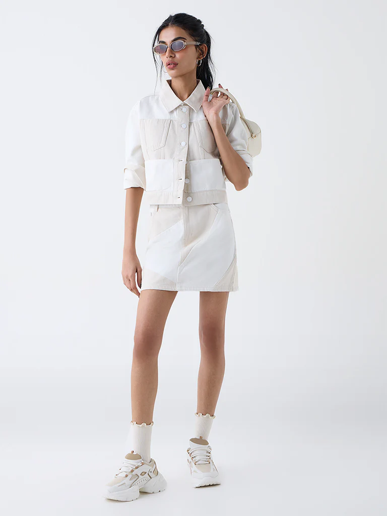 Nuon Off-White Colour-Block Denim Jacket - Image 2